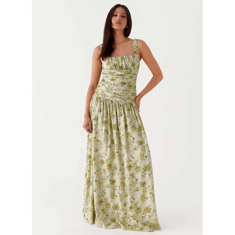 Zinna Linen Maxi Dress – Sage Floral