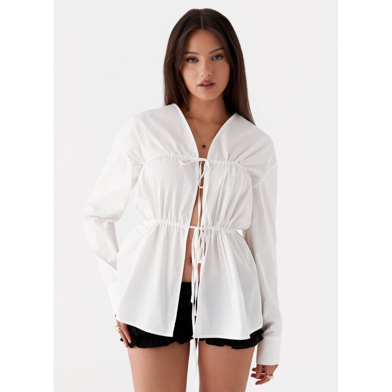 Bridget Ruched Tie Front Shirt – White