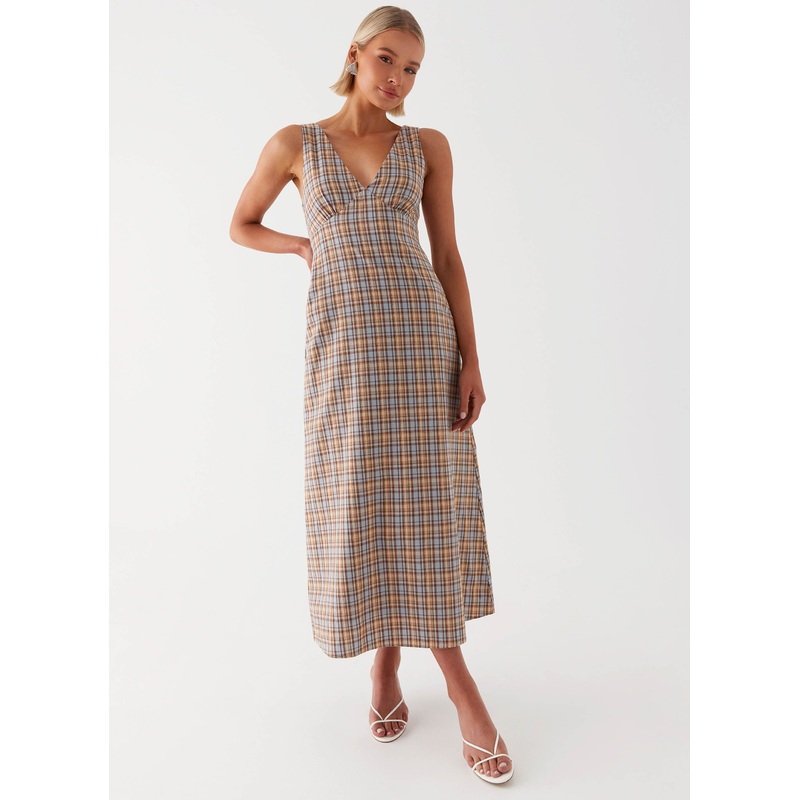Daphny Gathered Bust Midi Dress – Check