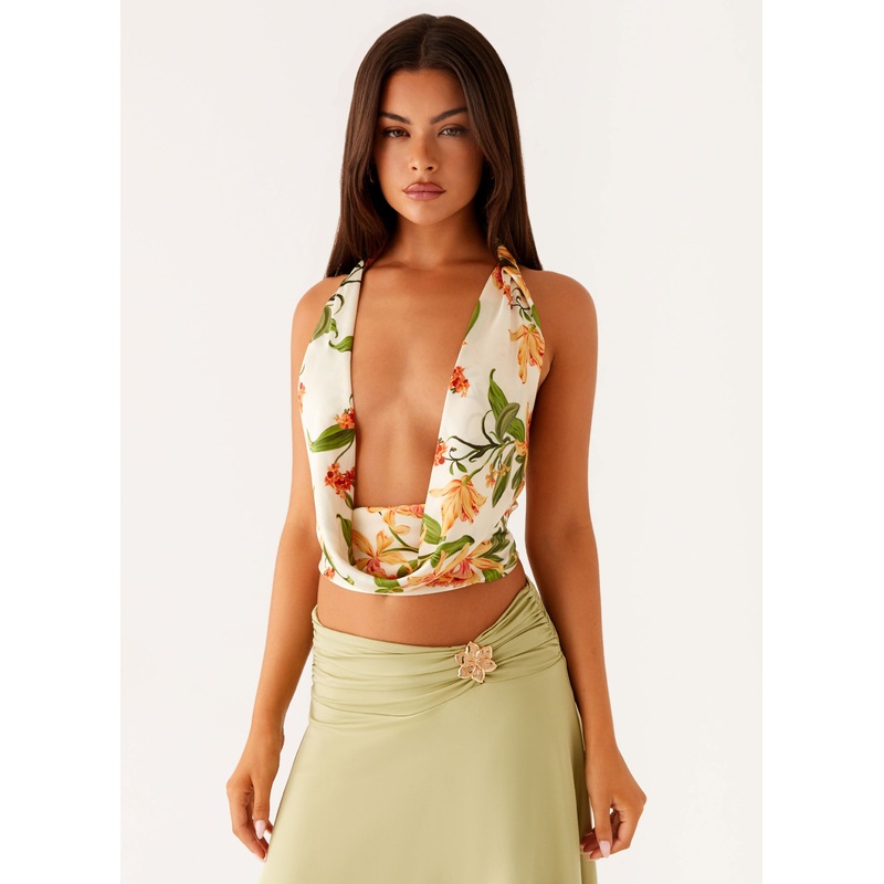Everette Satin Scarf Top – Floral Print