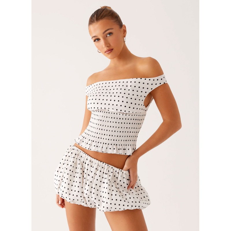 Heather Off Shoulder Top – White Black Polka Dot