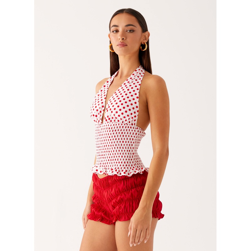 Kamren Halter Top – White Red Polka Dot