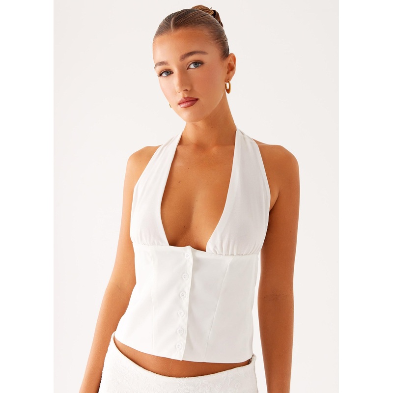 Lets Pretend Halterneck Top – White