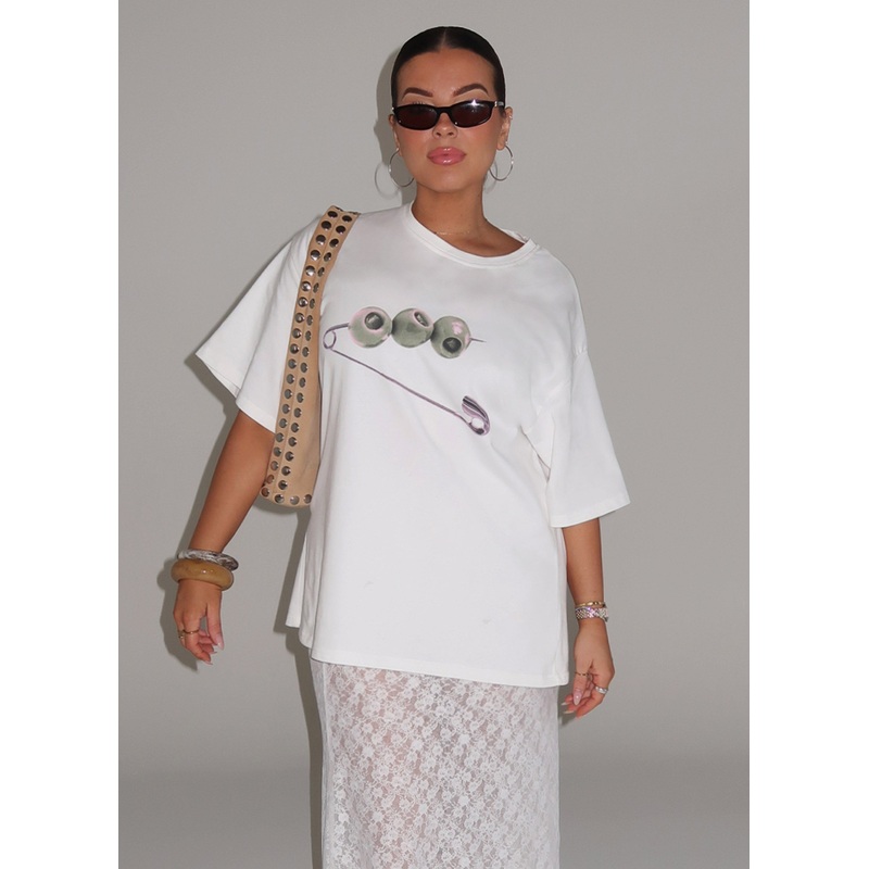 Olive Oversized Tee – White