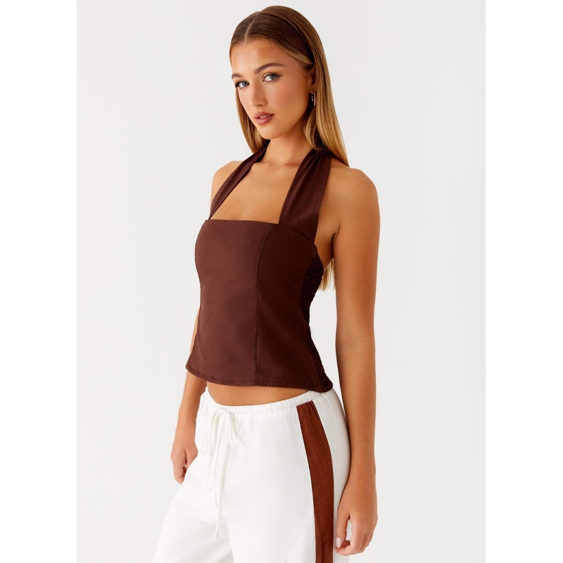 Sunflare Linen Halter Top – Chocolate