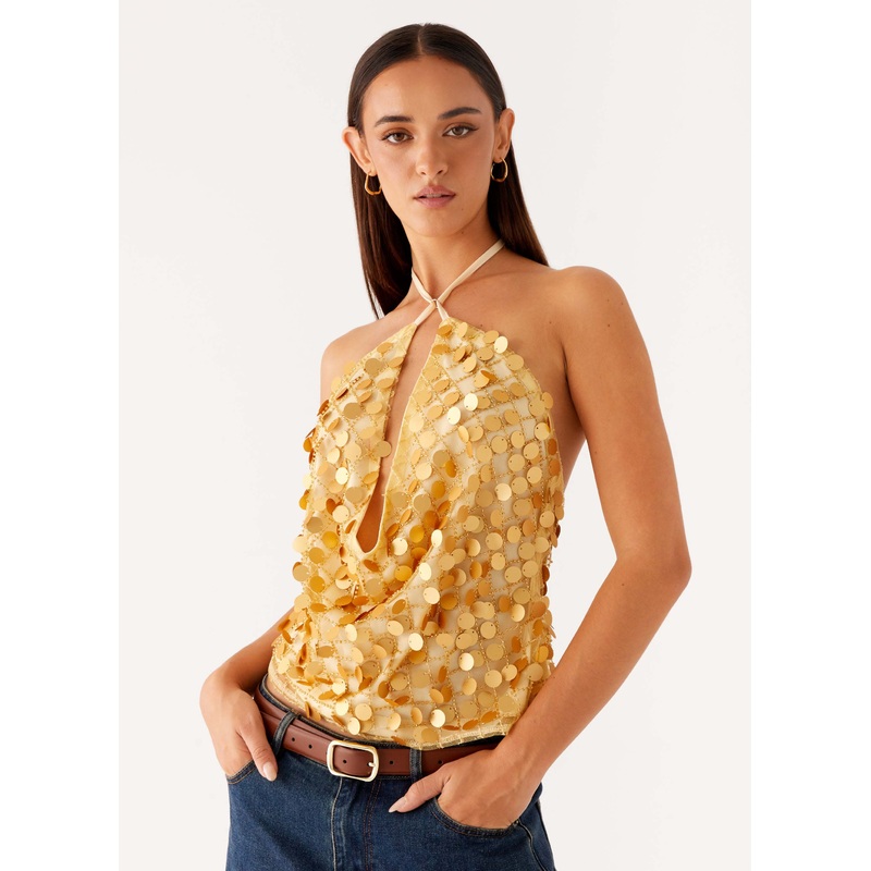 Xander Sequin Halter Top – Gold