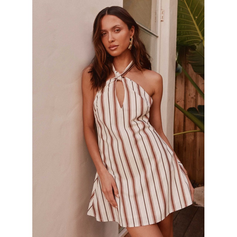 Counting Stars Linen Halterneck Dress – Brown Stripe
