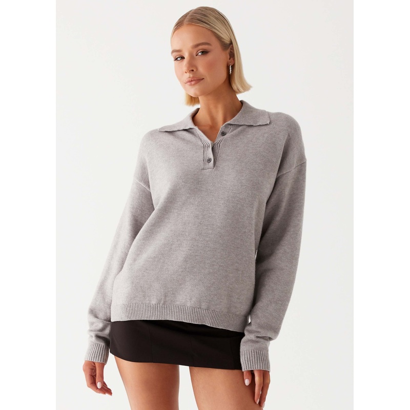 Jaden Knit Polo Top – Grey Marl