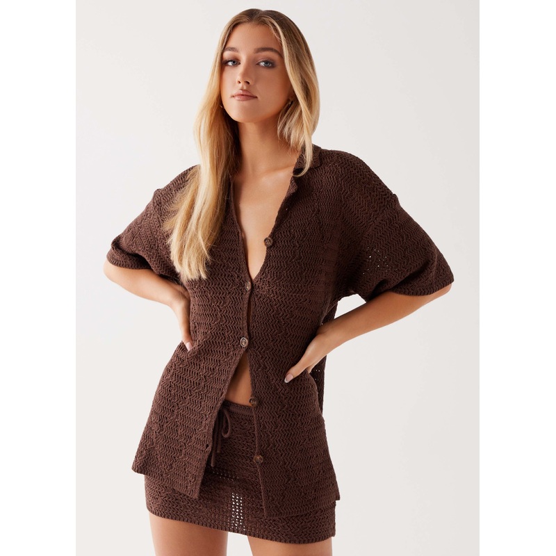 Nylah Oversized Crochet Shirt – Chocolate