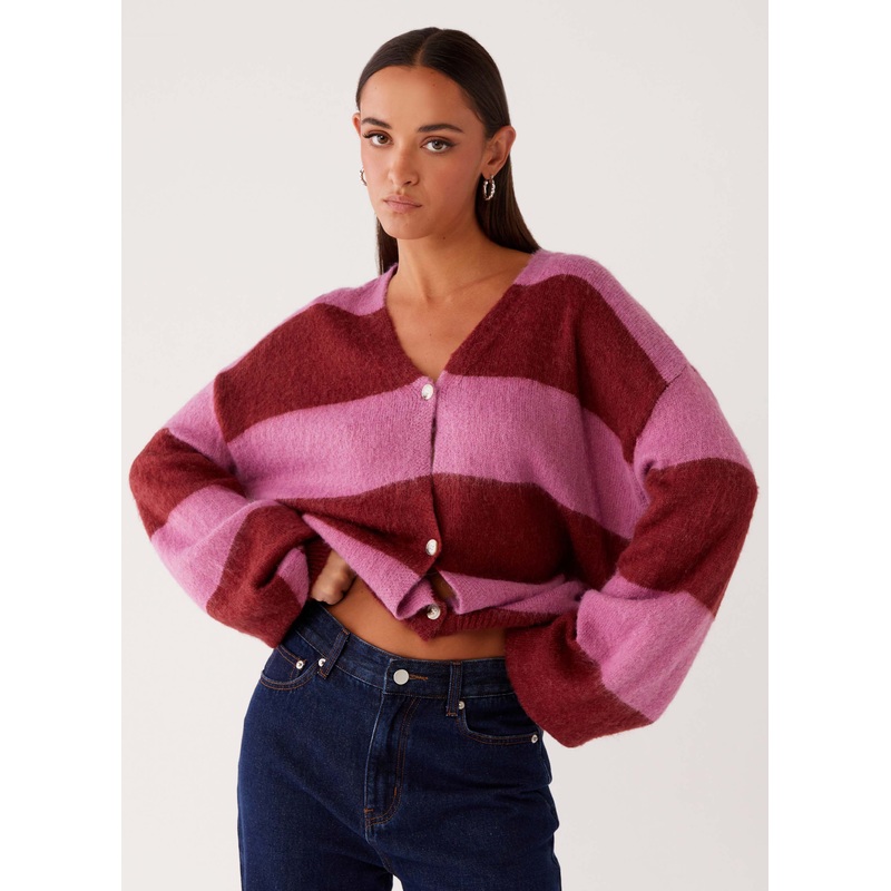 Ainslee Oversized Knit Cardigan – Red Pink Stripe