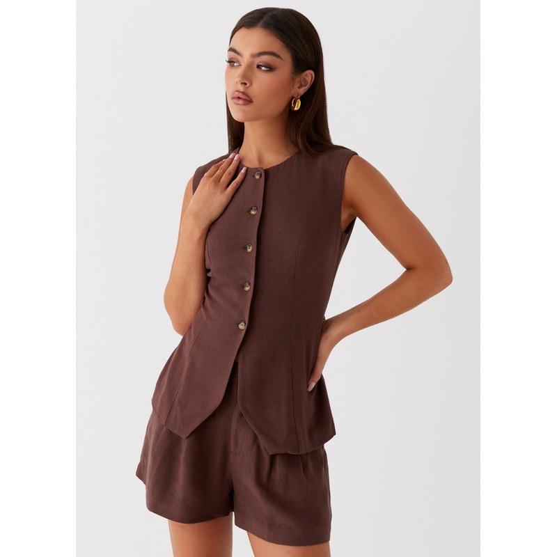 Born For Bordeaux Linen Vest – Brown