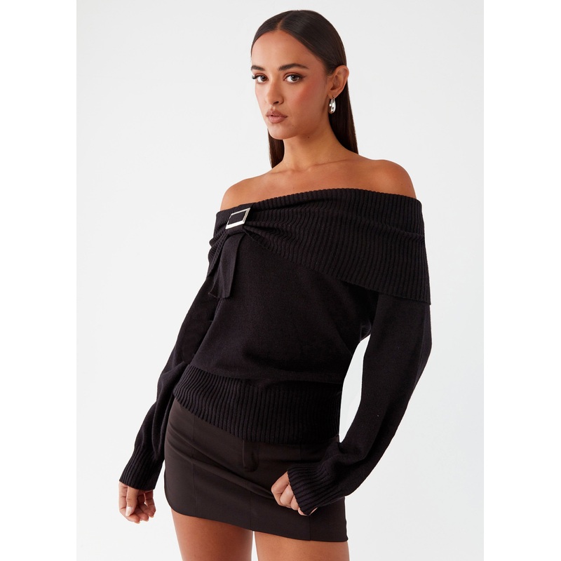 Buckle Up Oversized Bardot Knit Sweater – Black