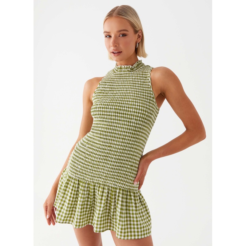 Cassie shirred Mini Dress – Khaki Gingham