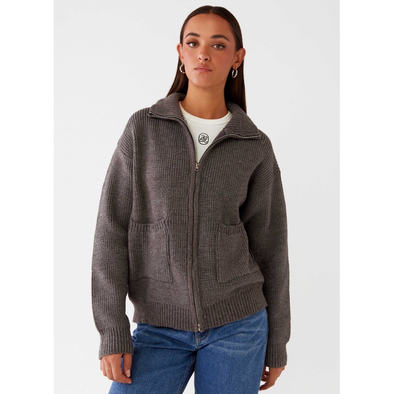 Common Ground Oversized Zip Cardigan – Charcoal