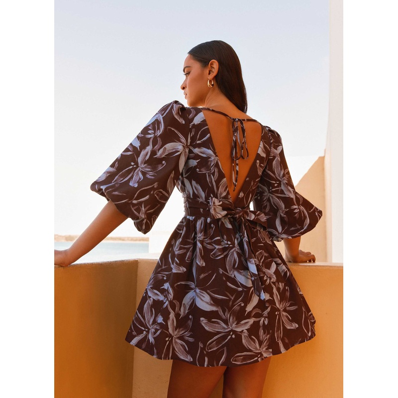 Crystal Dreams Mini Dress – Brown Purple Floral