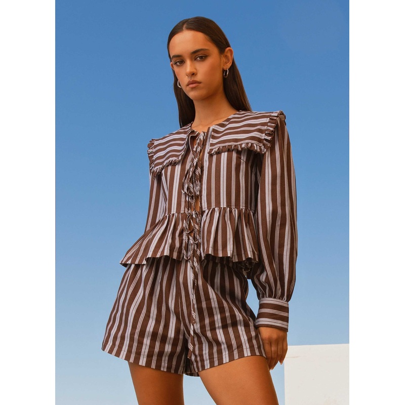 Emerson Tie Front Long Sleeve Top – Purple Brown Stripe