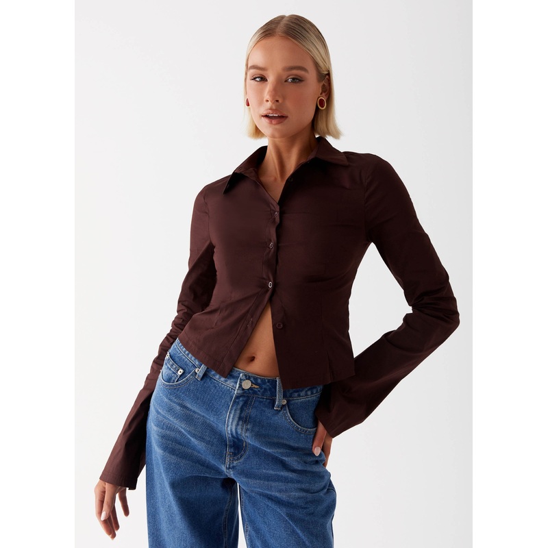 Leah Fitted Button Up Shirt – Chocolate