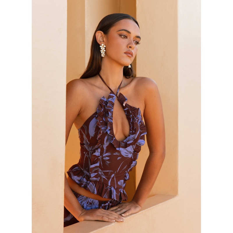 Mariella Linen Top – Purple Brown Floral