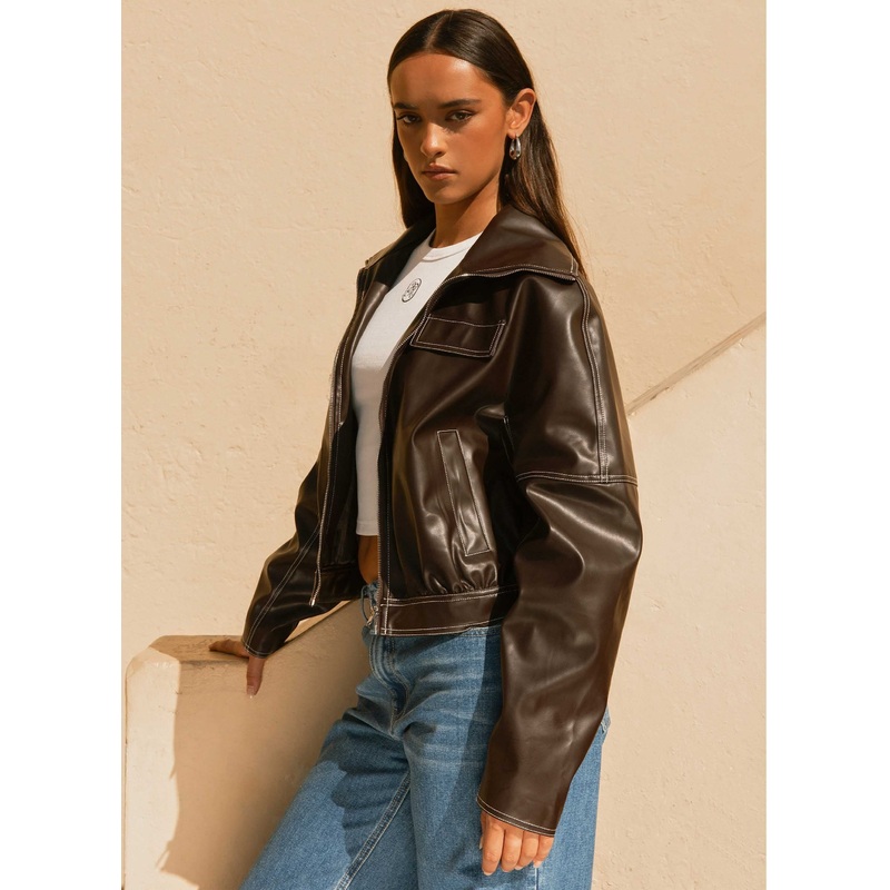 Meant To Be PU Boxy Jacket – Brown