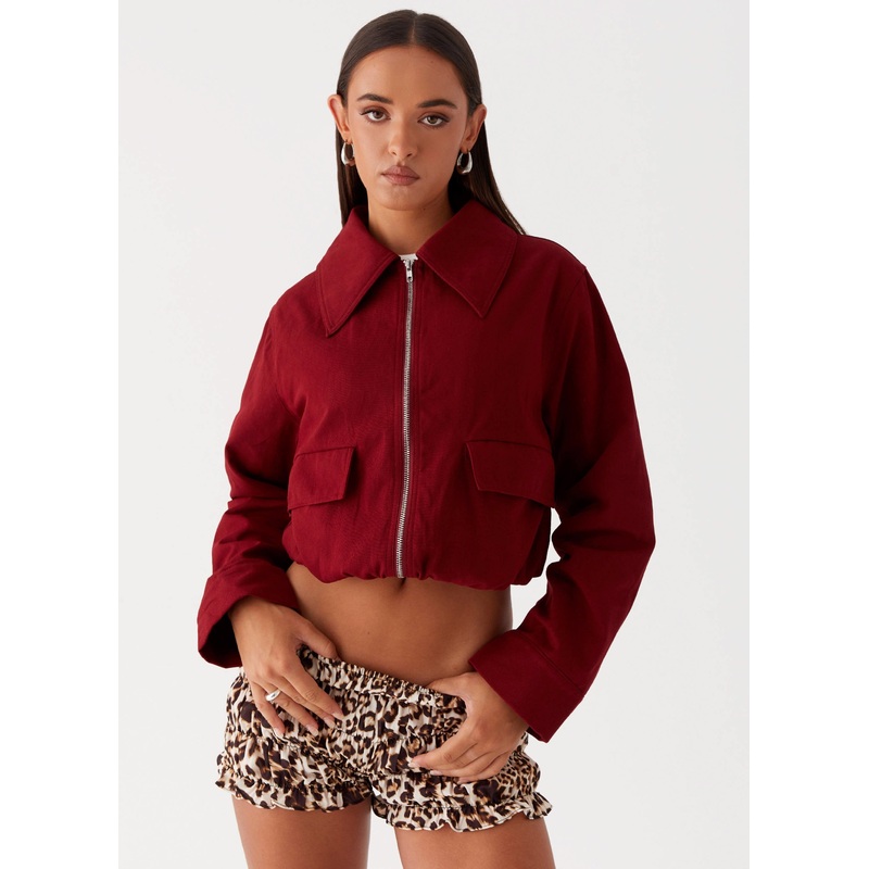 Right Direction Oversized Bomber Jacket – Deep Red