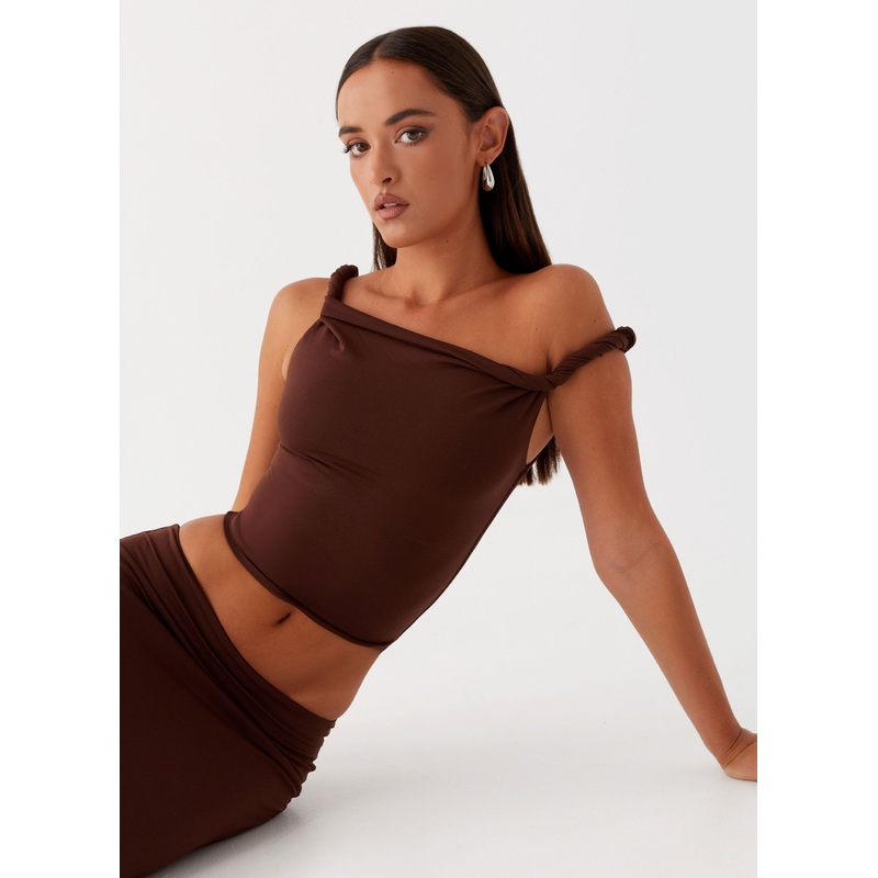Solace Soul Twist Shoulder Top – Chocolate