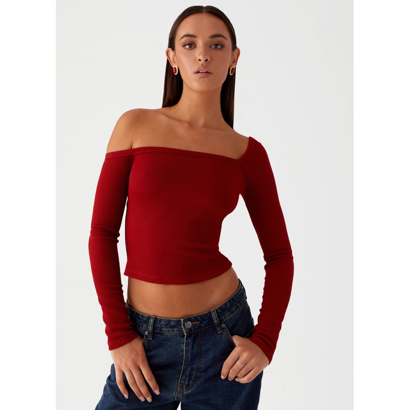 Talia Asymmetric Long Sleeve Top – Red