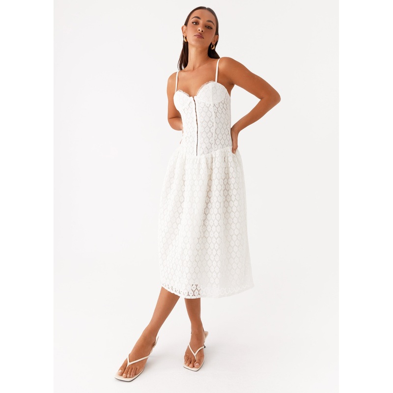 Blooming Corset Midi Dress – White