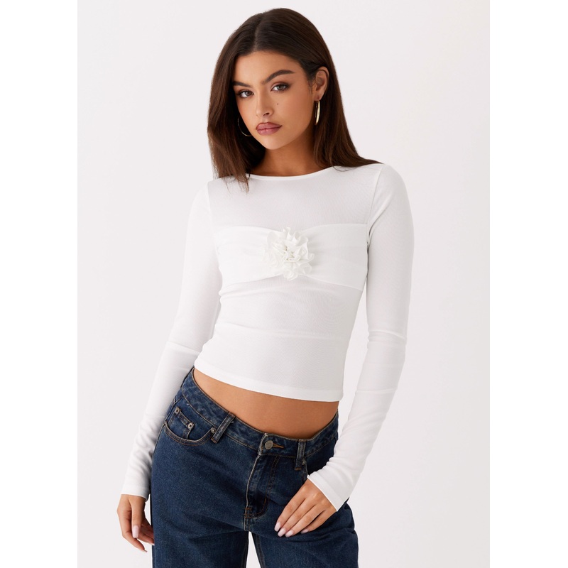 Jeyda Long Sleeve Rose Top – White