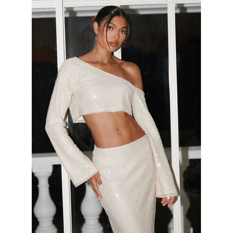 Wisteria Off Shoulder Long Sleeve Sequin Top – Champagne
