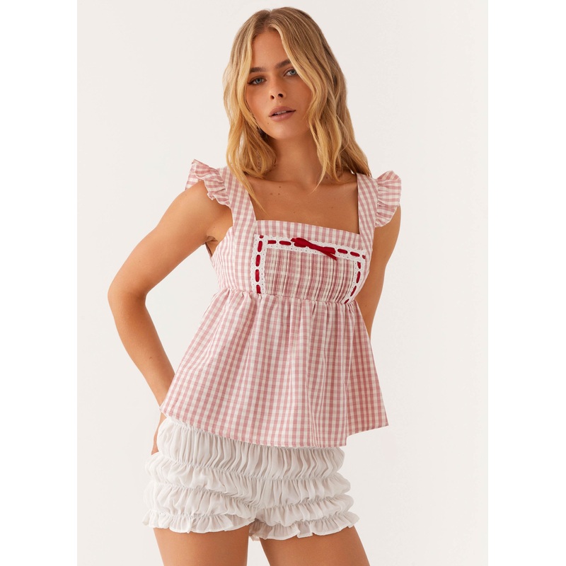 Dreamscape Babydoll Top – Maroon Gingham