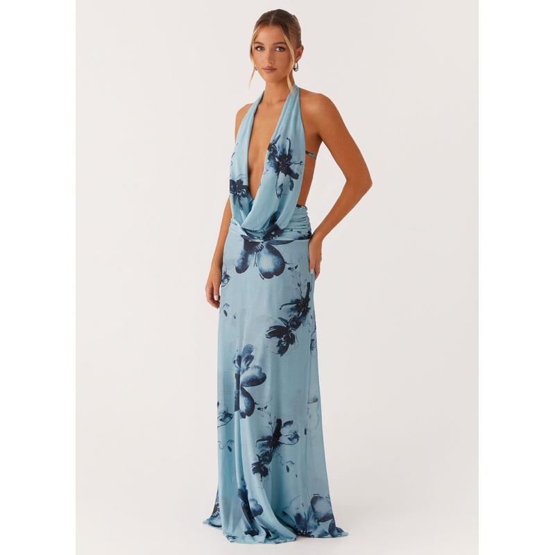 Elysia Mesh Maxi Dress – Blue Black Floral