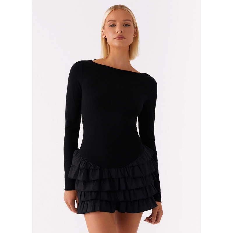 Moon Rising Long Sleeve Mini Dress – Black