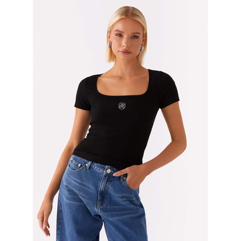 Signature Monogram Square Neck Top – Black