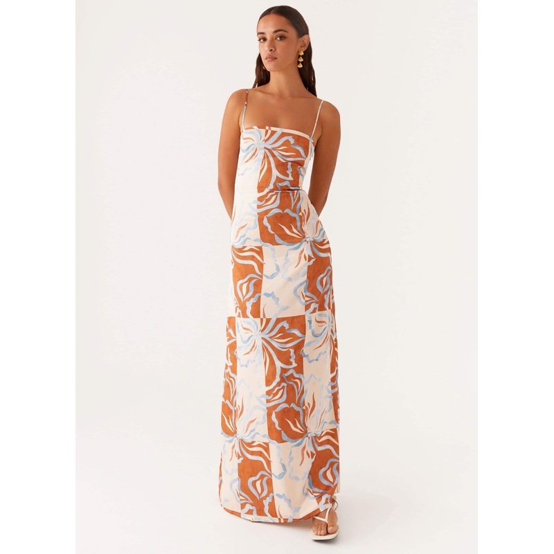 Aster Bloom Maxi Dress – Orange Blue Floral