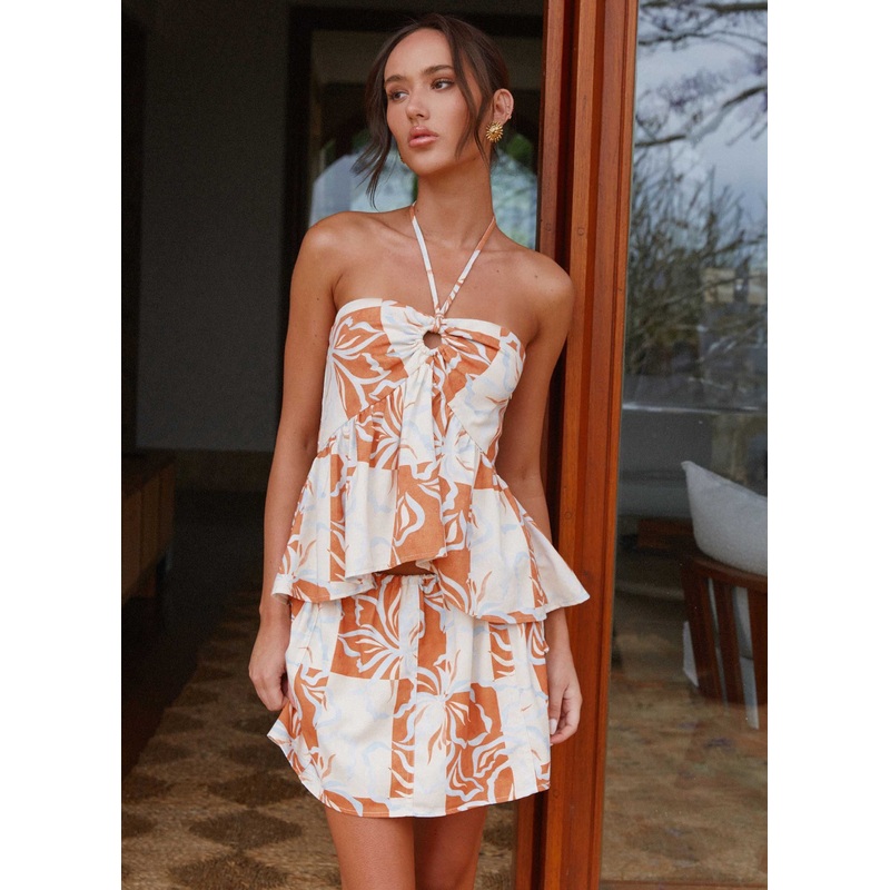 Athena Drawstring Mini Skirt – Orange Blue Floral