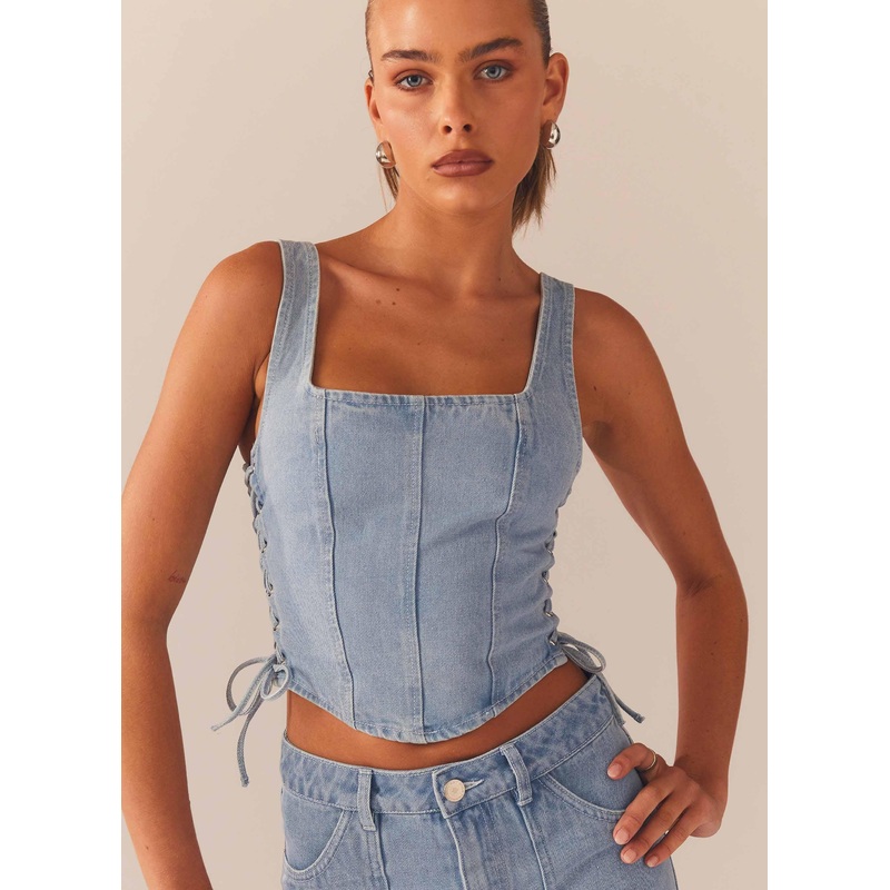 Giddy Up Denim Bustier Top – Subdued Blue
