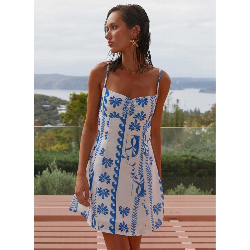 Isra Linen Mini Dress – Floral Wave