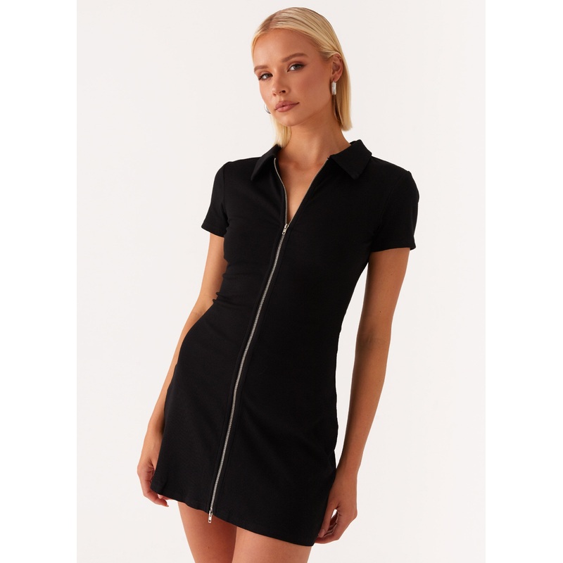 Matter Of Time Zip Front Mini Dress – Black