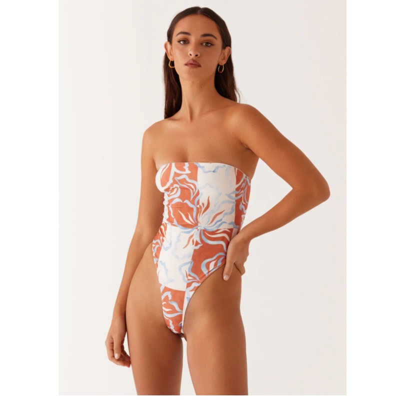 Maxine Strapless One Piece Swimsuit – Orange Blue Floral