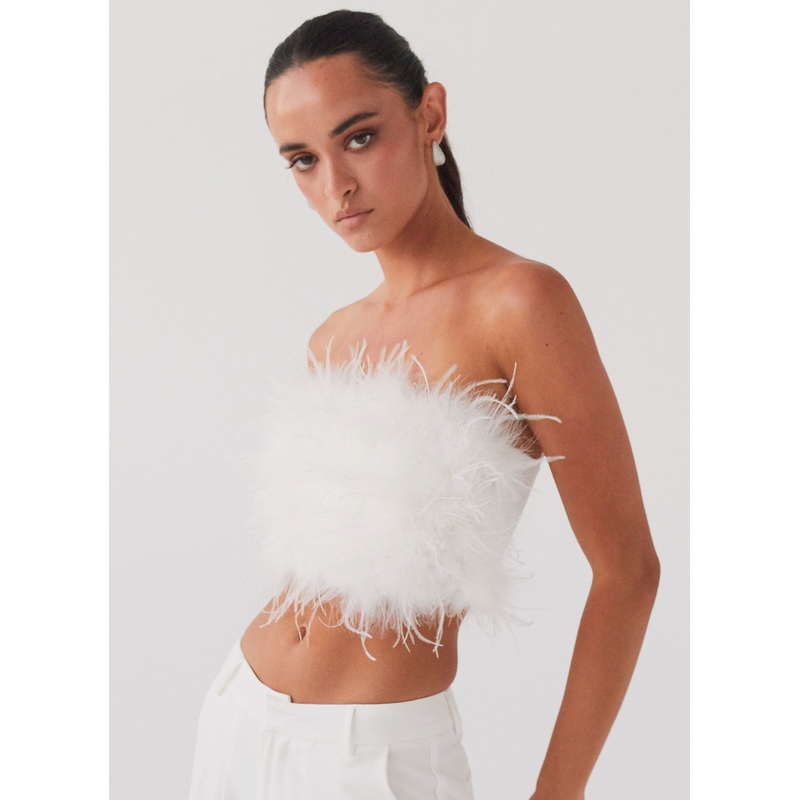 The Night Is Ours Feather Crop Top – White