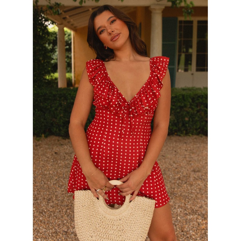 Adrina Ruffle Mini Dress – Red Polka Dot