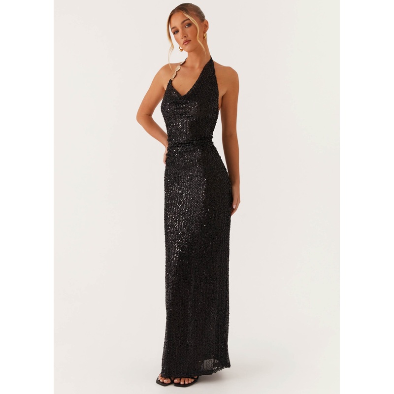 After Tonight Sequin Cowl Neck Maxi Dress – Black