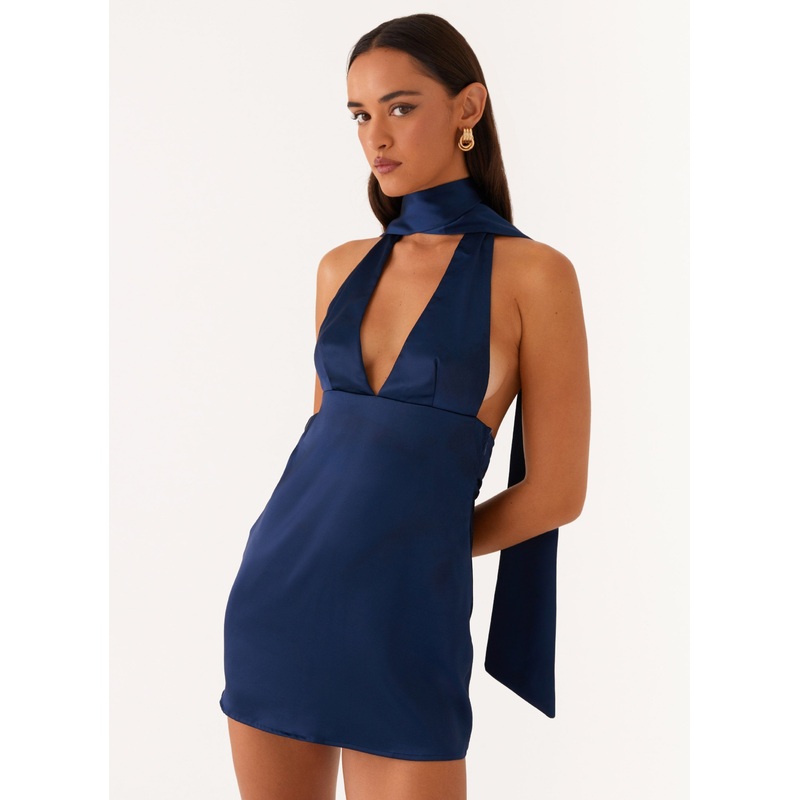 Alicia Satin Halter Mini Dress – Navy