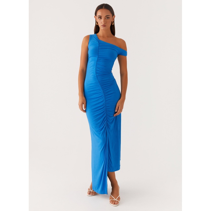 Anaya Ruched Asymmetrical Maxi Dress – Azure