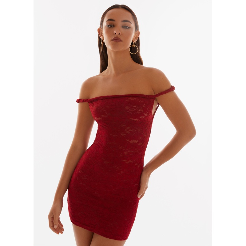 Arabella Lace Twist Shoulder Mini Dress – Red