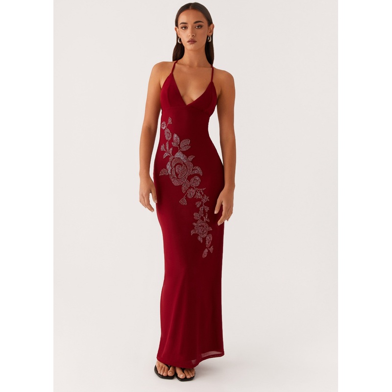 Beki Beaded Mesh Maxi Dress – Deep Red