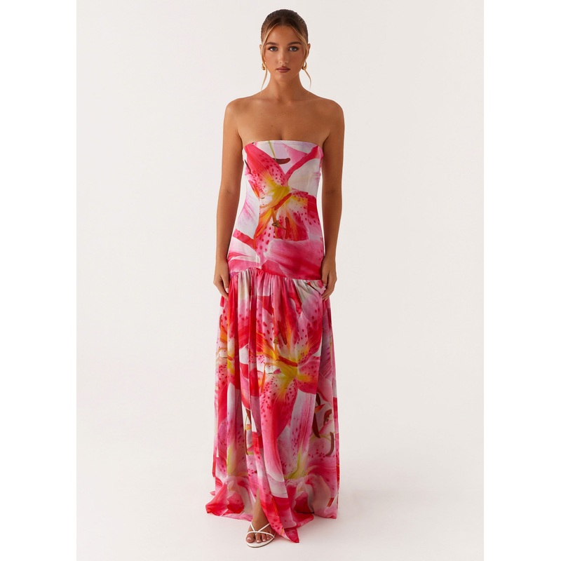 Eden Strapless Maxi Dress – White Pink Lilly