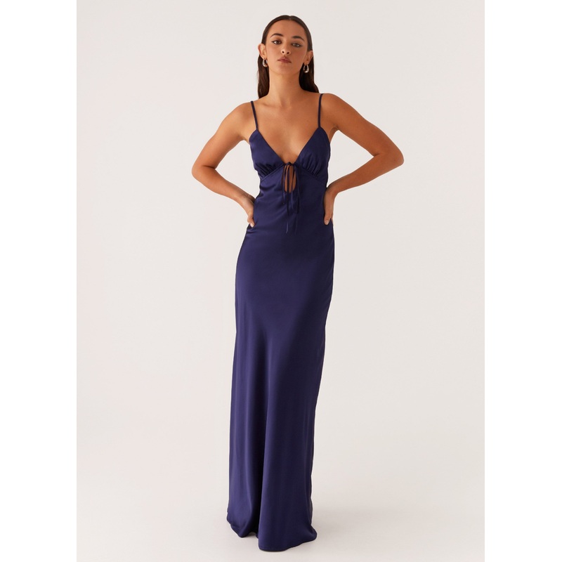 Flora Satin Maxi Dress – Navy