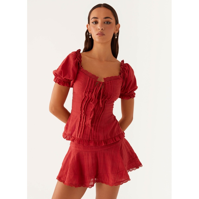 Hundred Percent Puff Sleeve Top – Red
