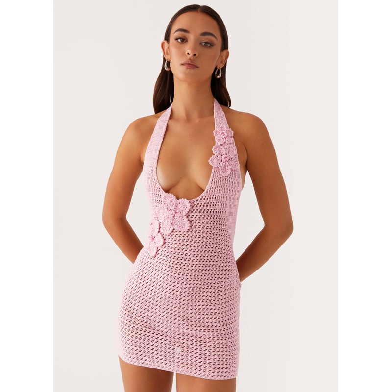 Luciana Crochet Halterneck Mini Dress – Pink